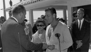 Pool Opening Mayor Murkshe and Actor Buster Crabbe black and white
